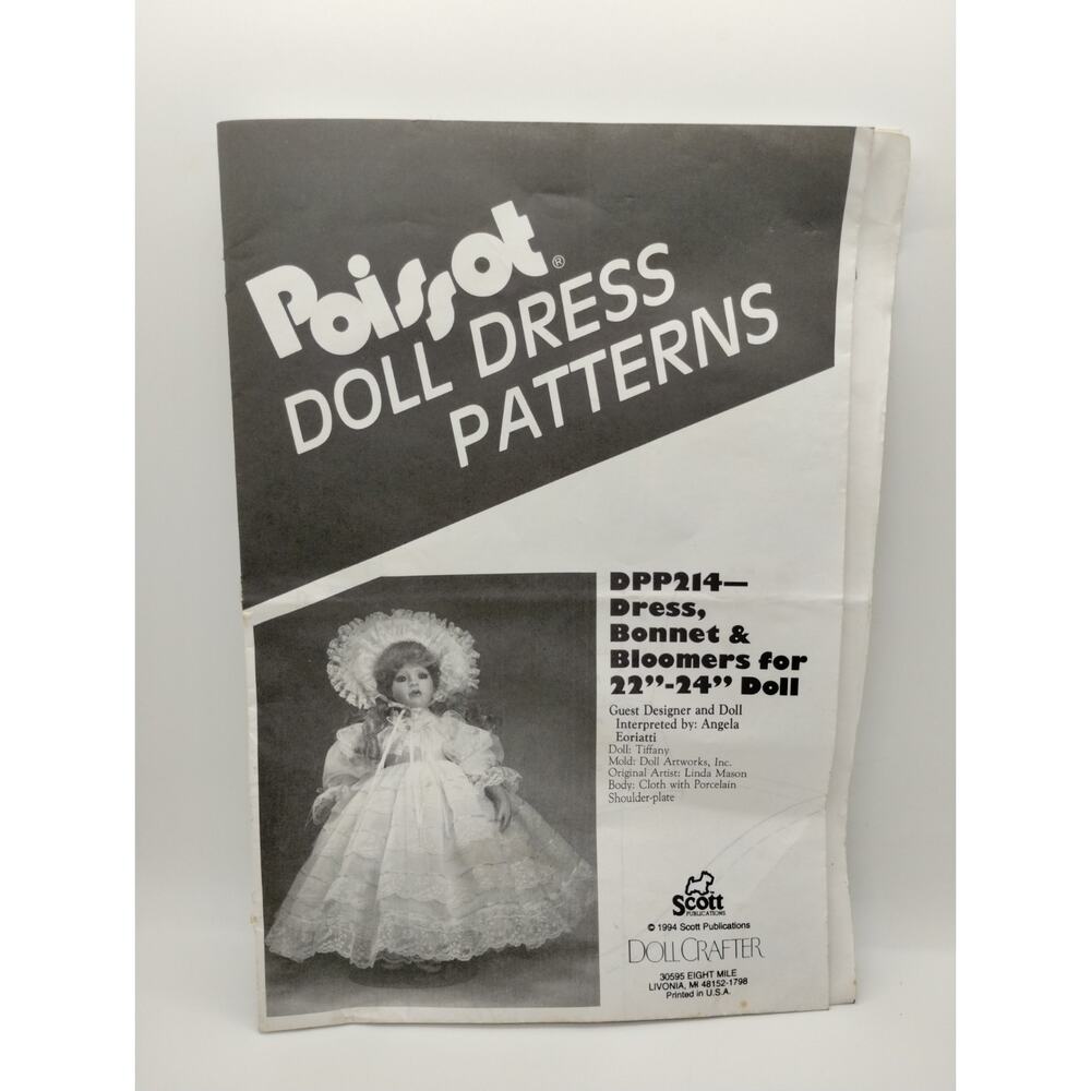 POISSOT Doll Pattern DPP214 - Dress Bonnet Bloomers for 22"-24" Doll (Tiffany)